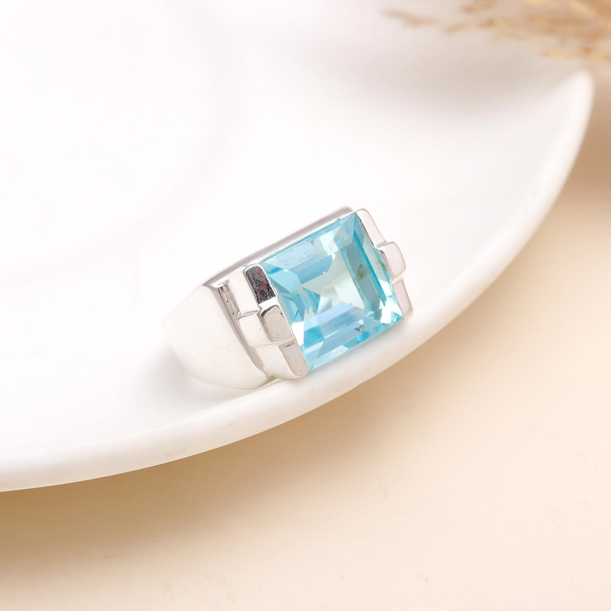 The Azure Deco: Blue Topaz Geometric Ring
