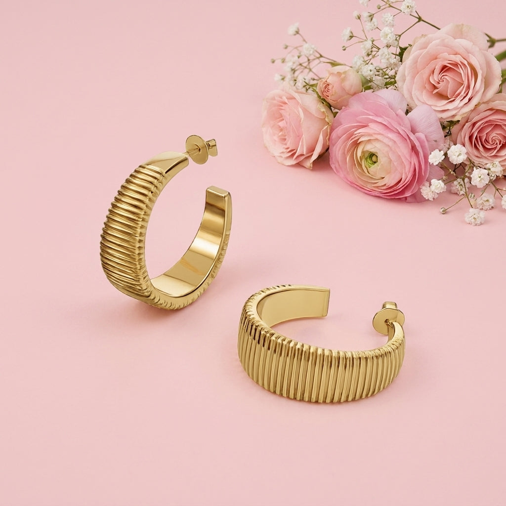 Big Lined Hoops - 925 Sterling Silver Gold Plated