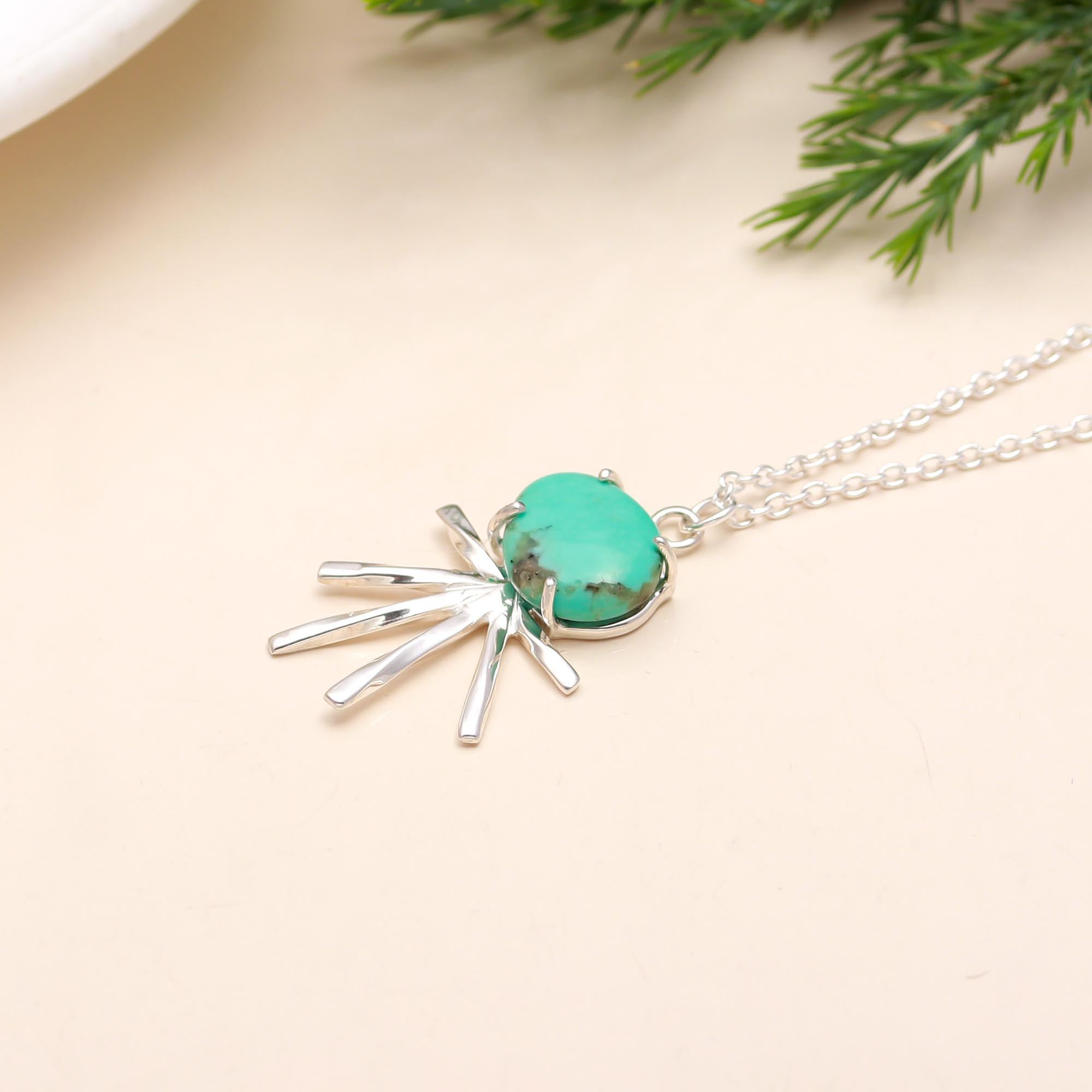 Turquoise Sunburst Pendant Sterling Silver Necklace