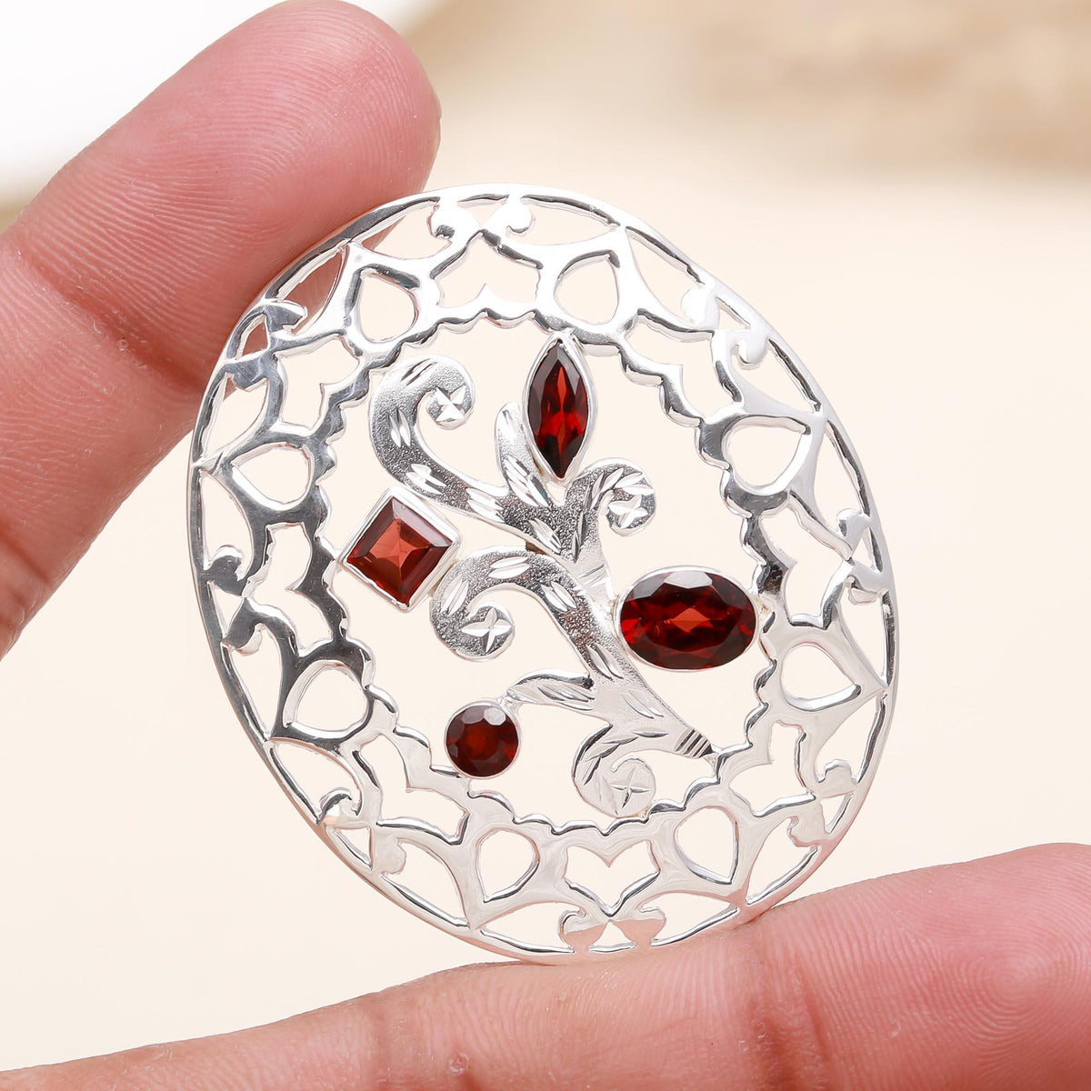 The Vintage Filigree: Multi-Shape Red Garnet Medallion Pendant