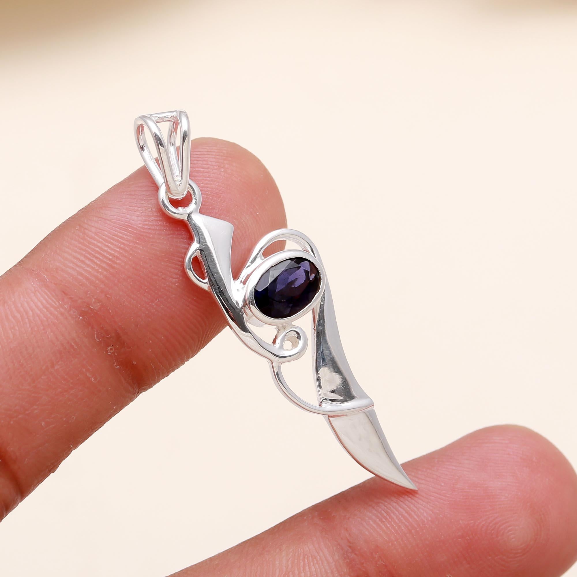 The Indigo Blade: Elongated Natural Iolite Modern Drop Pendant