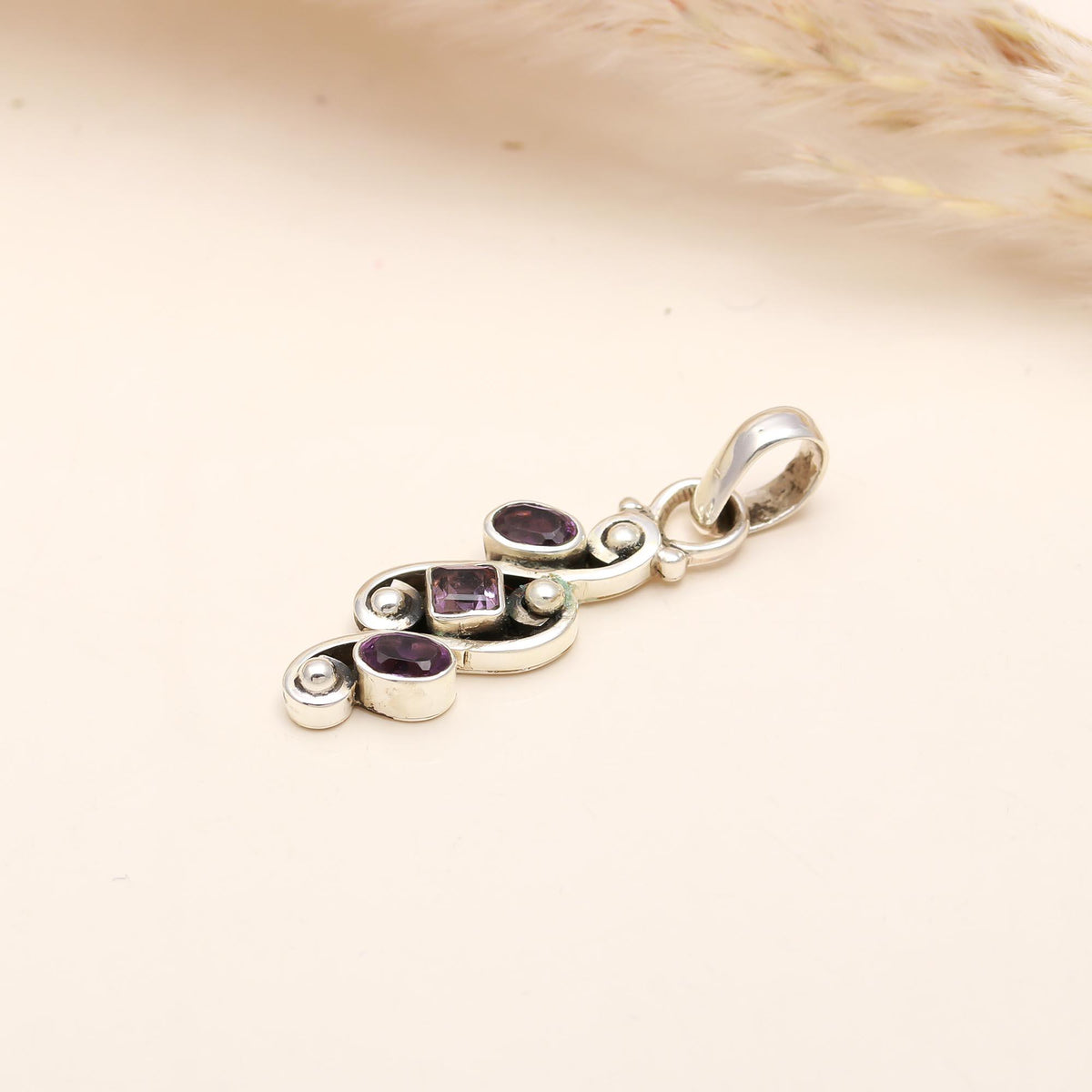 The Lavender Trio: Amethyst Granule Scroll Silver Pendant