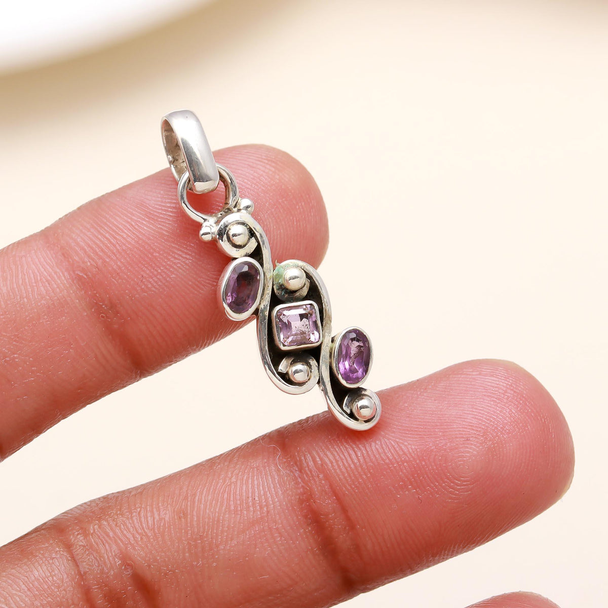 The Lavender Trio: Amethyst Granule Scroll Silver Pendant