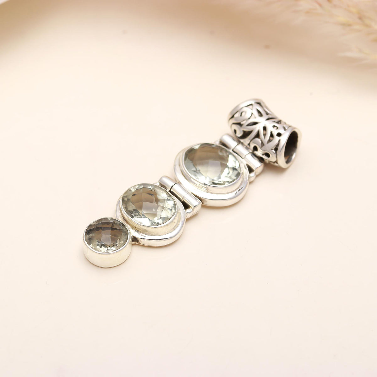 The Prasiolite Cascade: Green Amethyst Slider Bar Silver Pendant