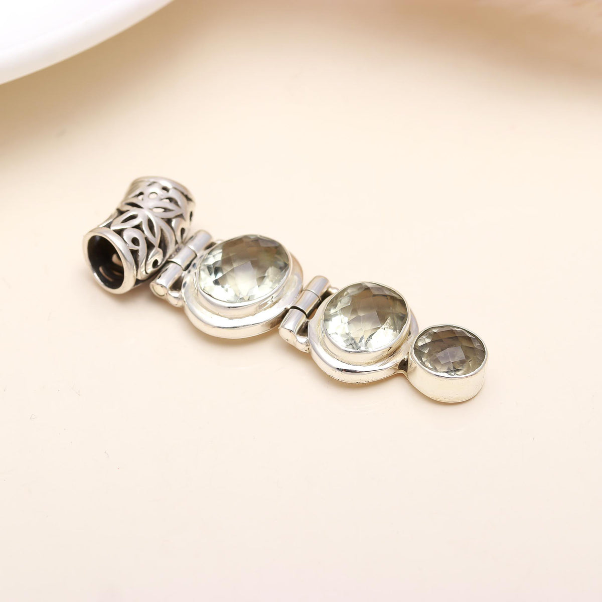 The Prasiolite Cascade: Green Amethyst Slider Bar Silver Pendant