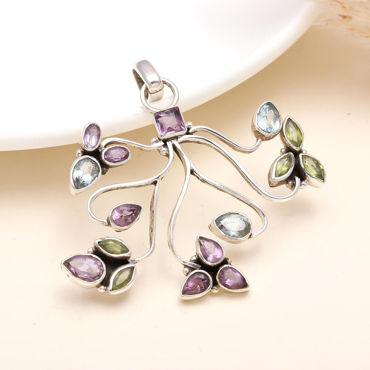 The Garden Bloom: Multi-Stone Floral Branch Silver Pendant
