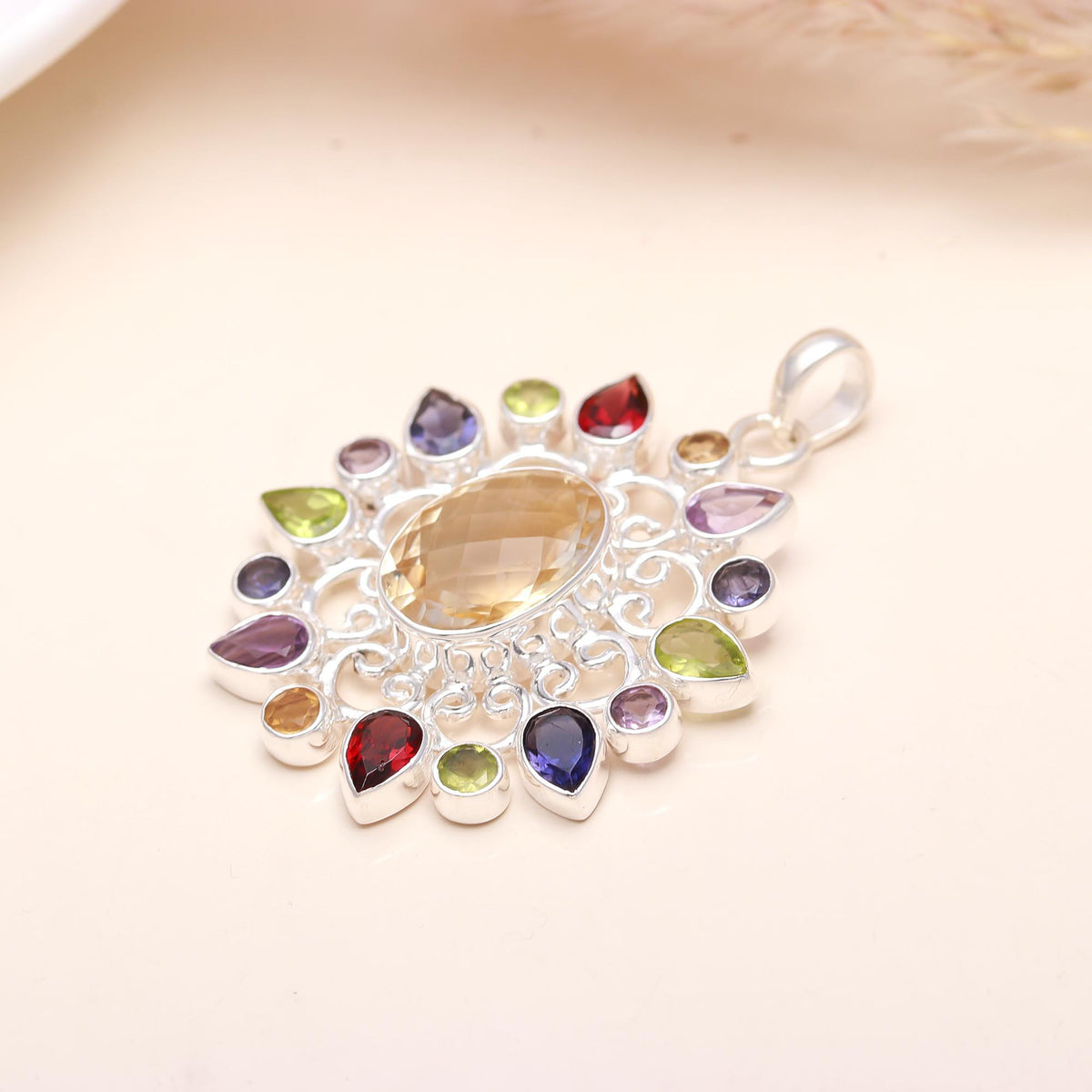 The Mandala Bloom: Multi-Gemstone Filigree Sunburst Pendant