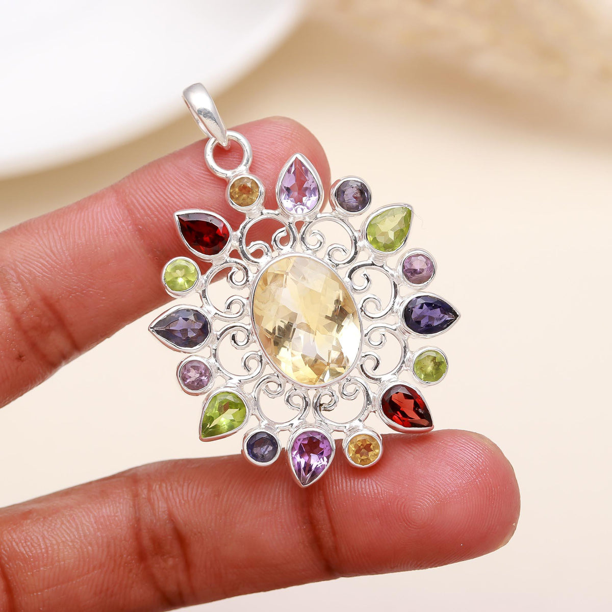 The Mandala Bloom: Multi-Gemstone Filigree Sunburst Pendant