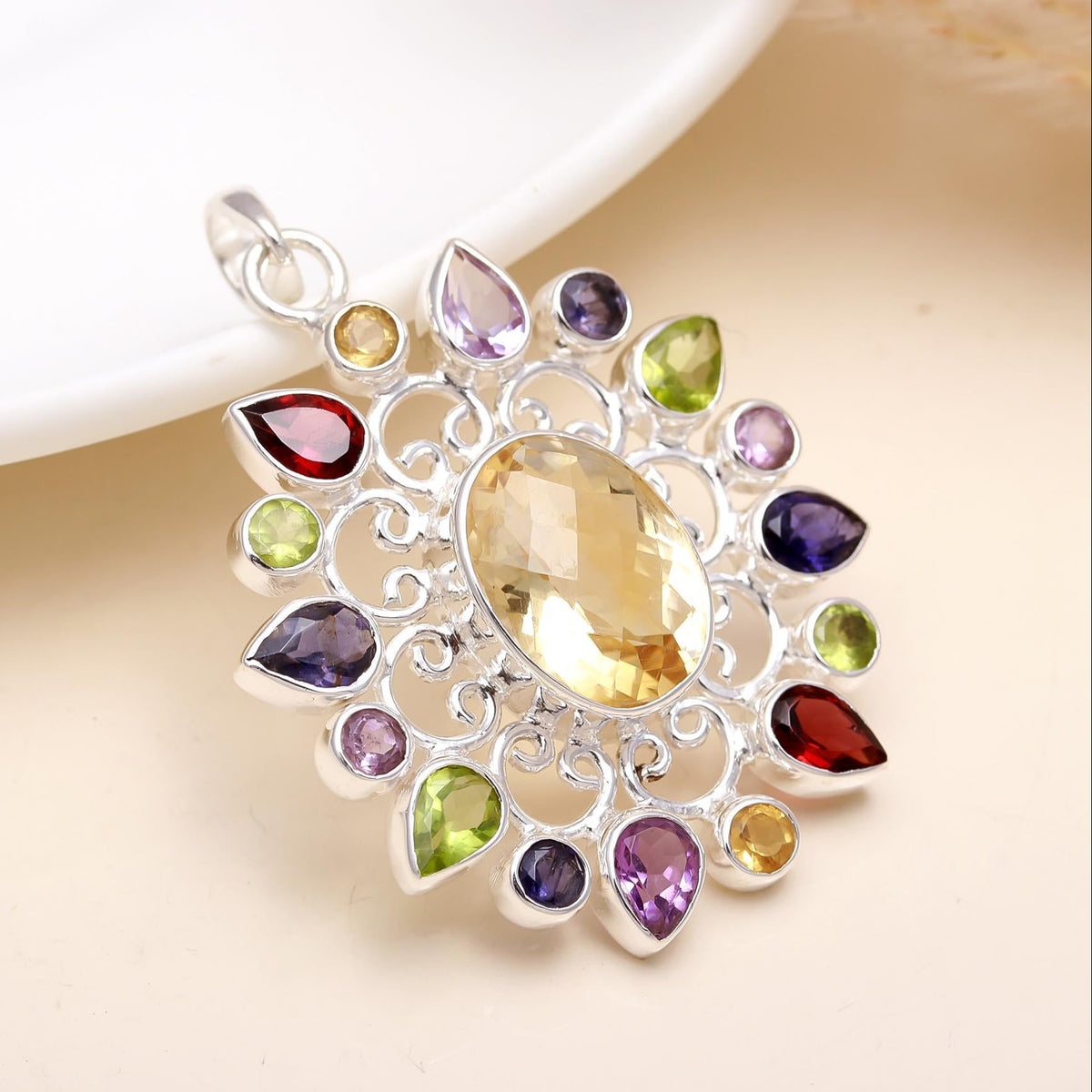 The Mandala Bloom: Multi-Gemstone Filigree Sunburst Pendant