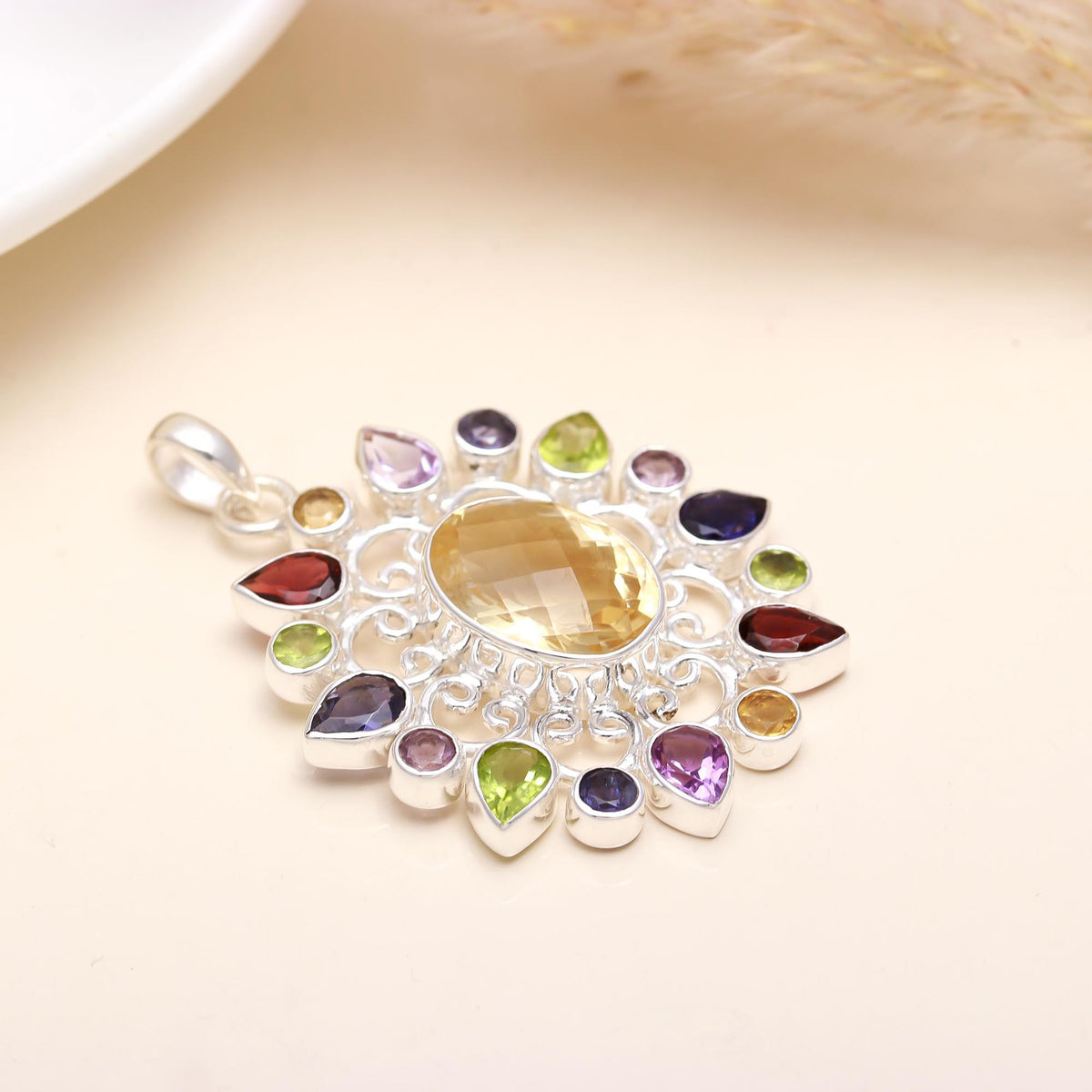 The Mandala Bloom: Multi-Gemstone Filigree Sunburst Pendant