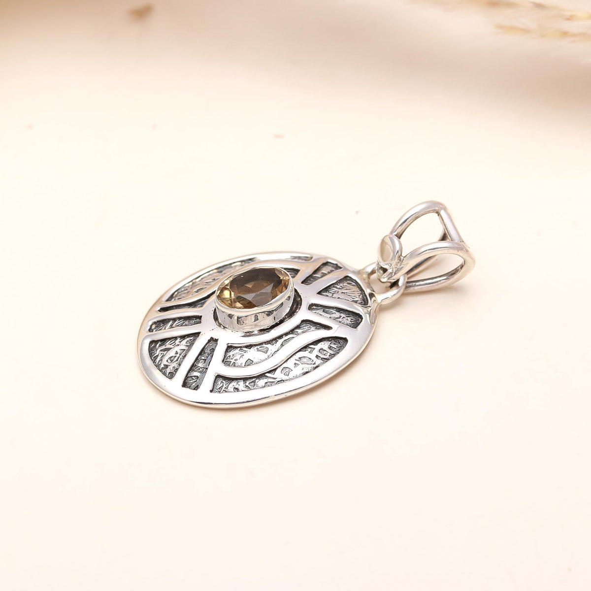 The Golden Eye: Oxidised Oval Shield Silver Pendant