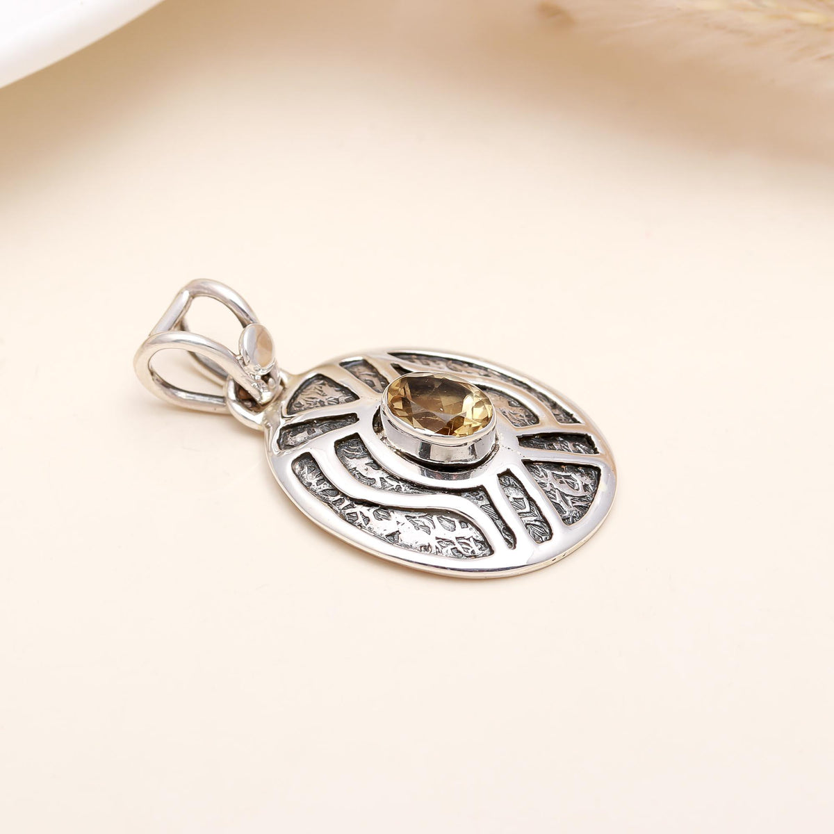 The Golden Eye: Oxidised Oval Shield Silver Pendant