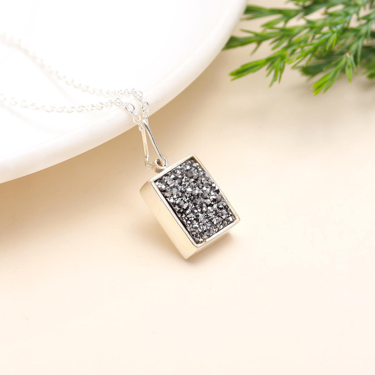 925 Silver Titanium Drusy Pendant Necklace