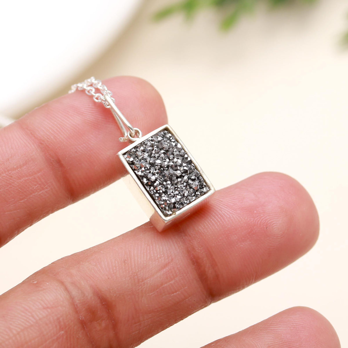 925 Silver Titanium Drusy Pendant Necklace