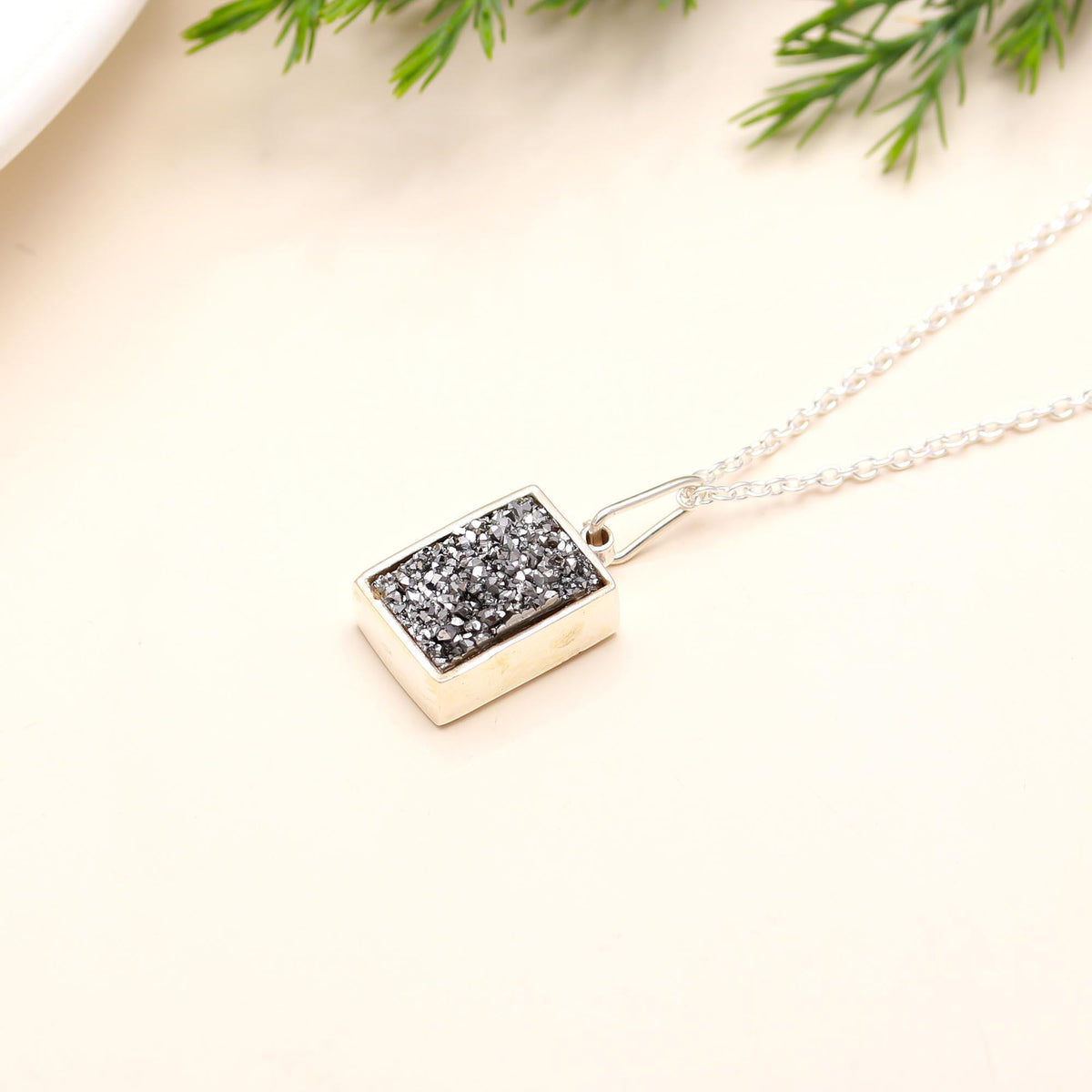 925 Silver Titanium Drusy Pendant Necklace