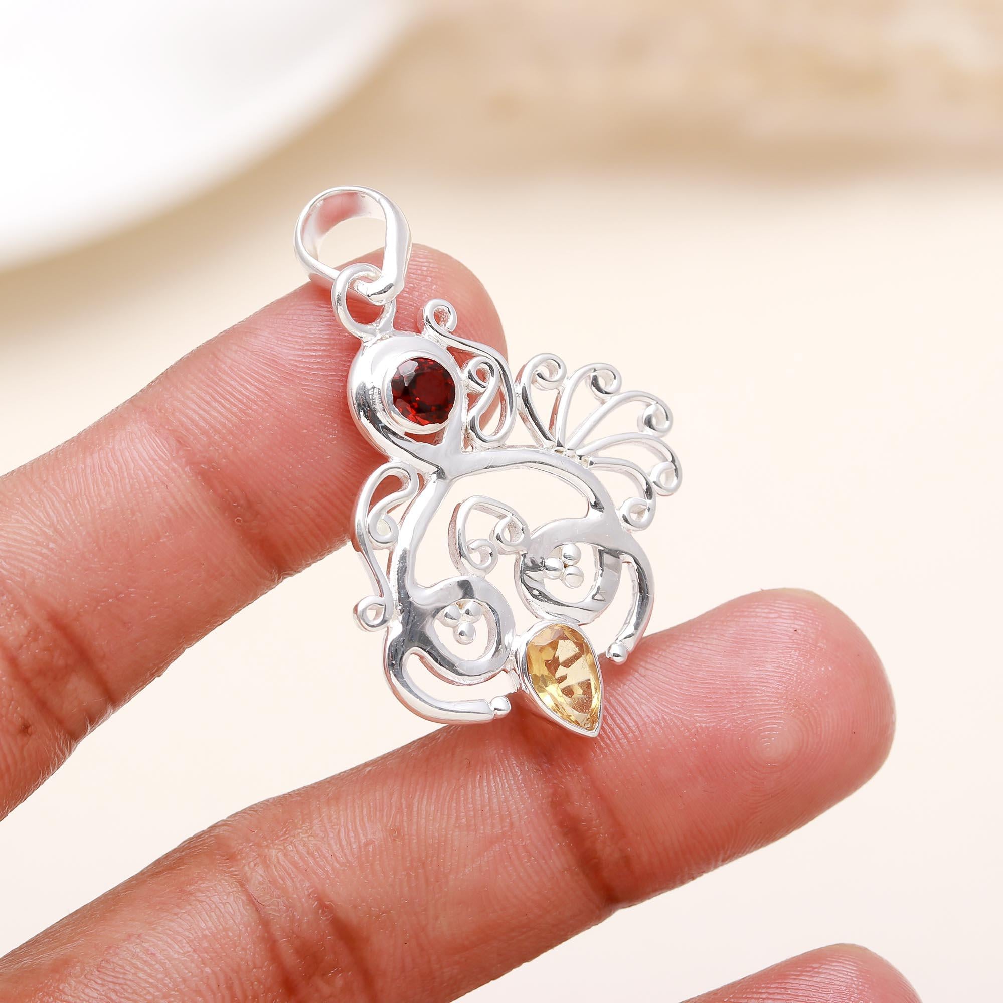 The Artistic Swirl: Garnet & Citrine Sterling Silver Pendant