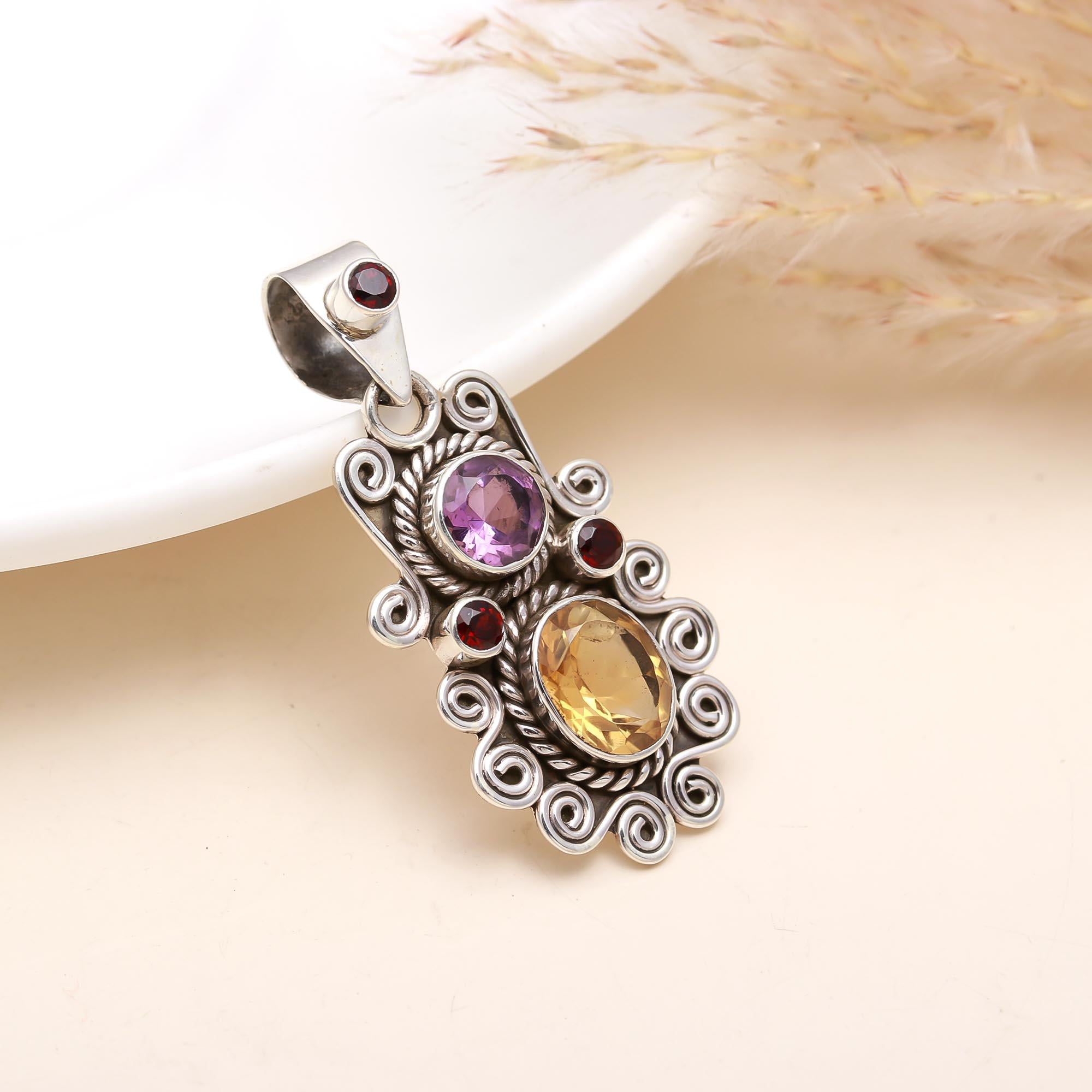 The Gemstone Harmony: Amethyst, Citrine & Garnet Pendant