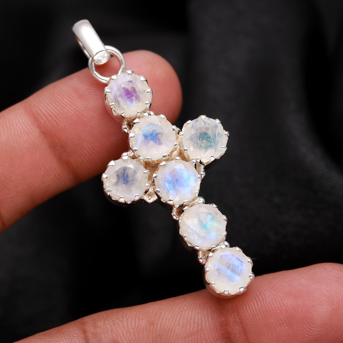 The Lunar Cross: Multi Rainbow Moonstone Cross Pendant