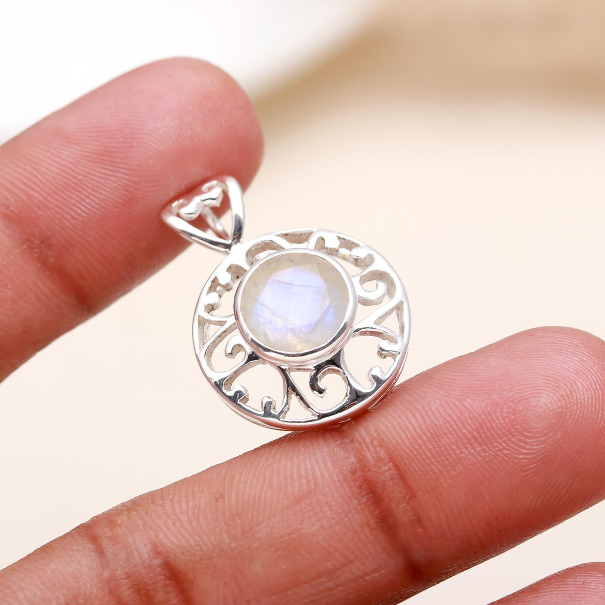 The Moon Mandala: Rainbow Moonstone Filigree Silver Pendant