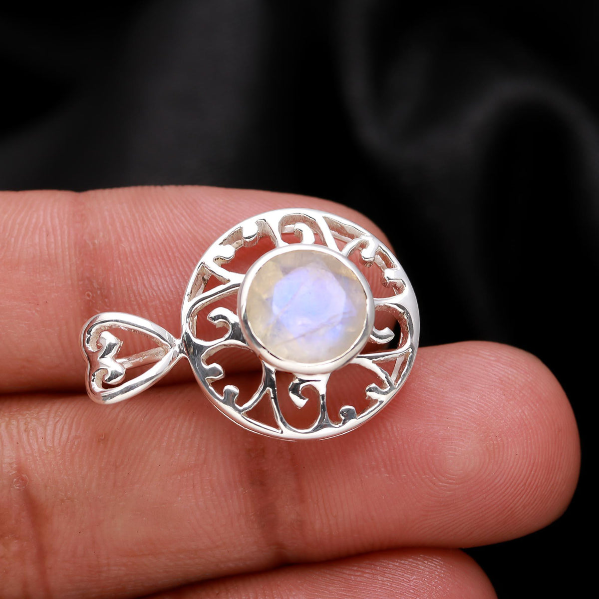 The Moon Mandala: Rainbow Moonstone Filigree Silver Pendant