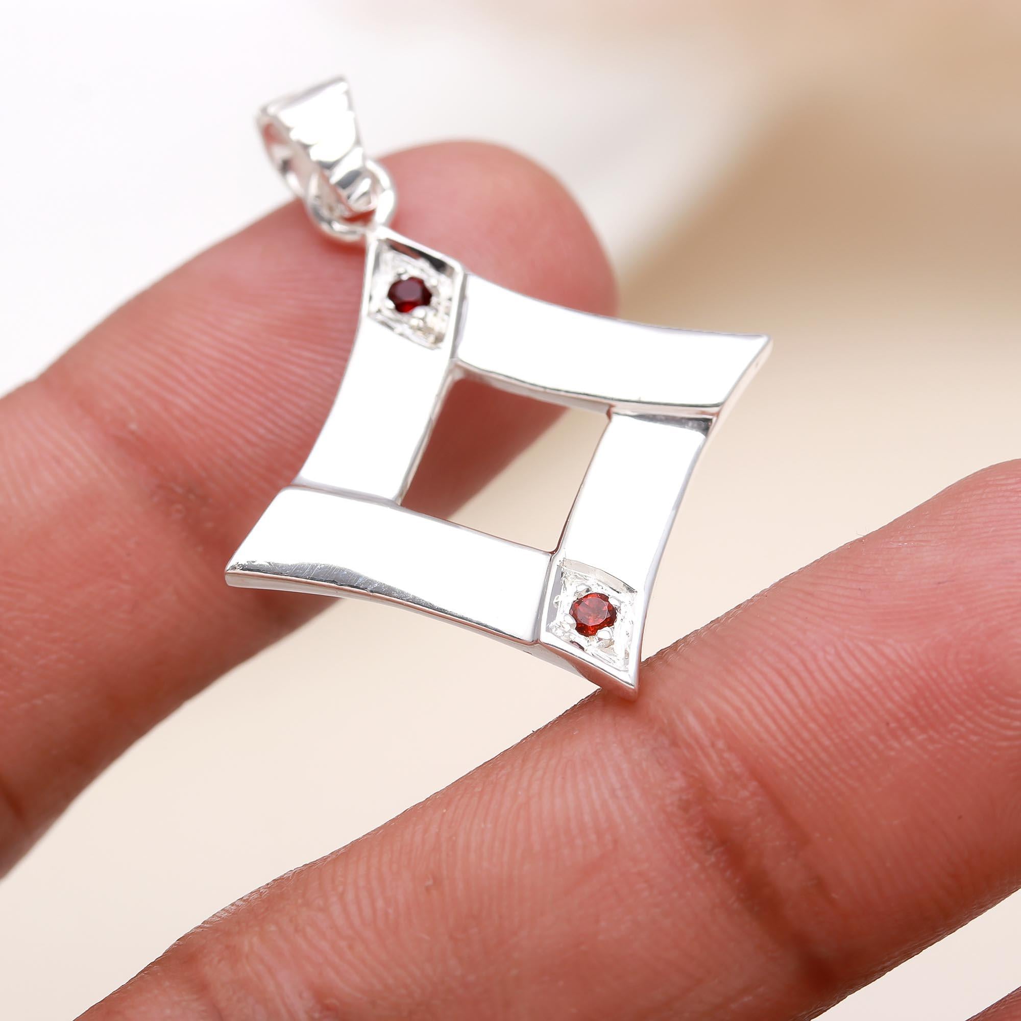 Small Gemstone Rounded Faceted Red Garnet Sterling Silver Pendant