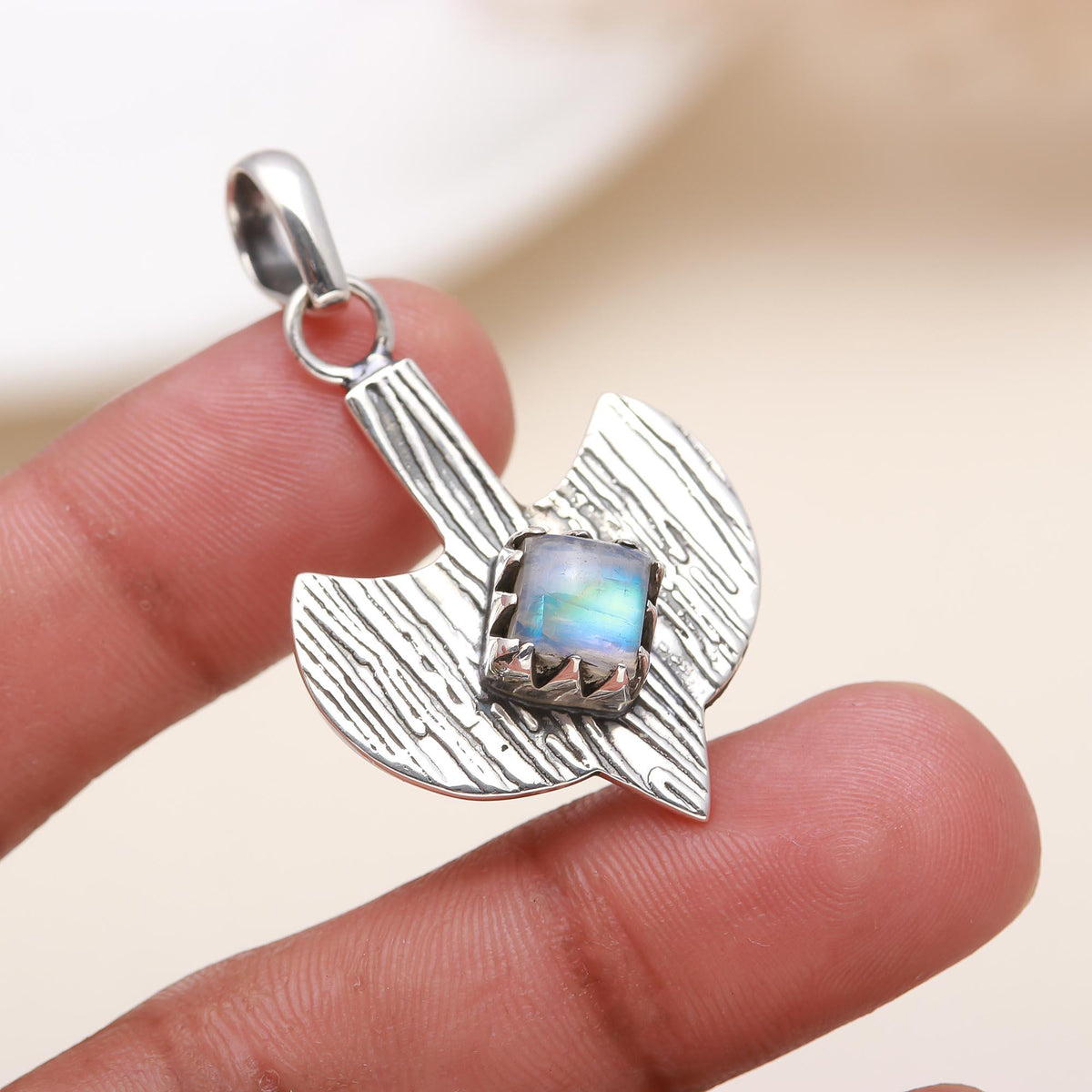 The Lunar Hatchet: Moonstone & Textured Silver Axe Pendant
