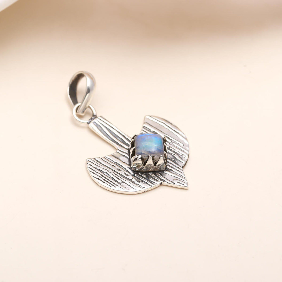The Lunar Hatchet: Moonstone & Textured Silver Axe Pendant