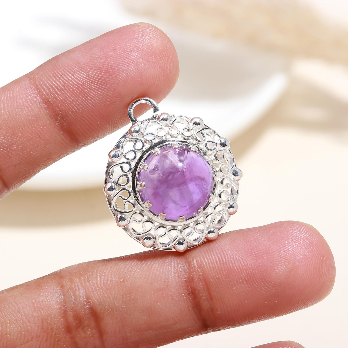 The Violet Medallion: Amethyst Filigree Halo Silver Pendant
