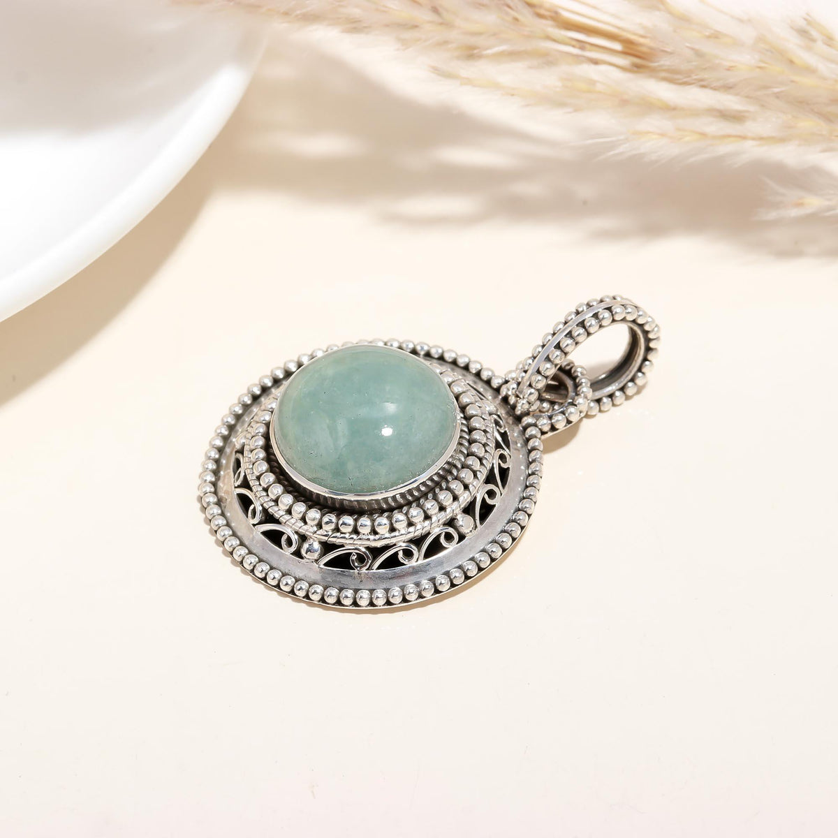 The Jade Medallion: Green Aventurine Granule Filigree Silver Pendant