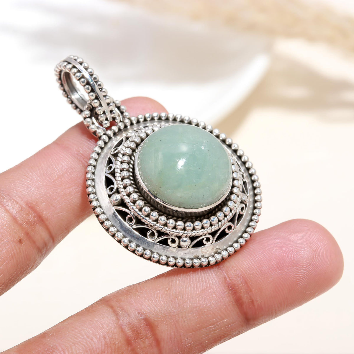 The Jade Medallion: Green Aventurine Granule Filigree Silver Pendant