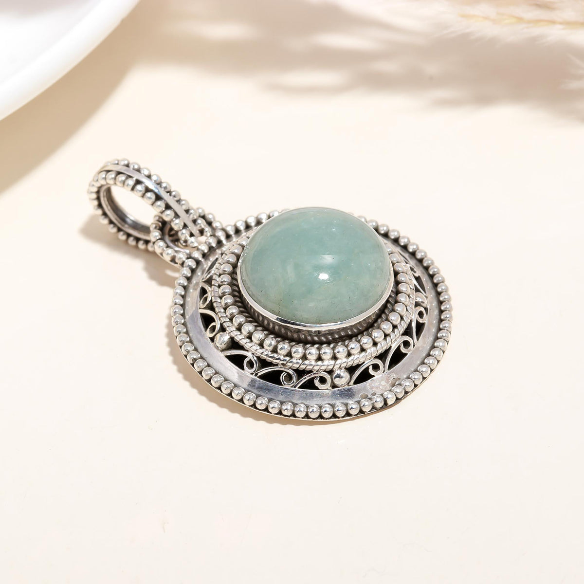 The Jade Medallion: Green Aventurine Granule Filigree Silver Pendant