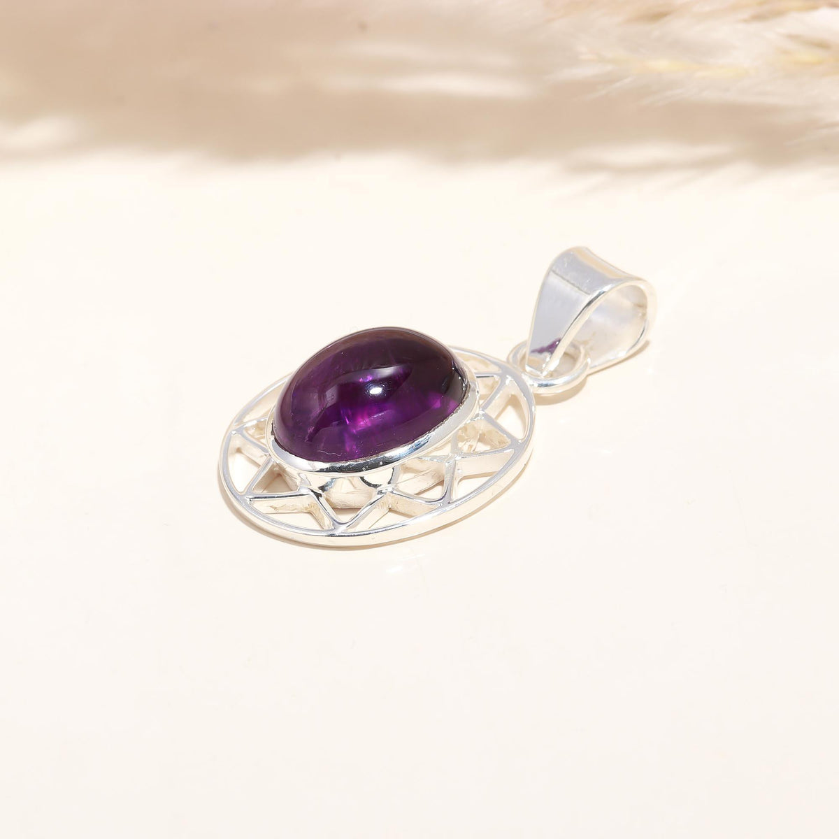 The Violet Grid: Amethyst Geometric Web Silver Pendant