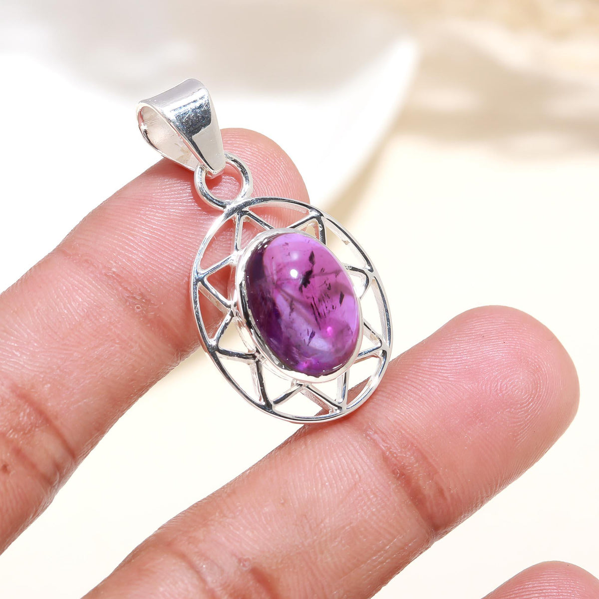 The Violet Grid: Amethyst Geometric Web Silver Pendant