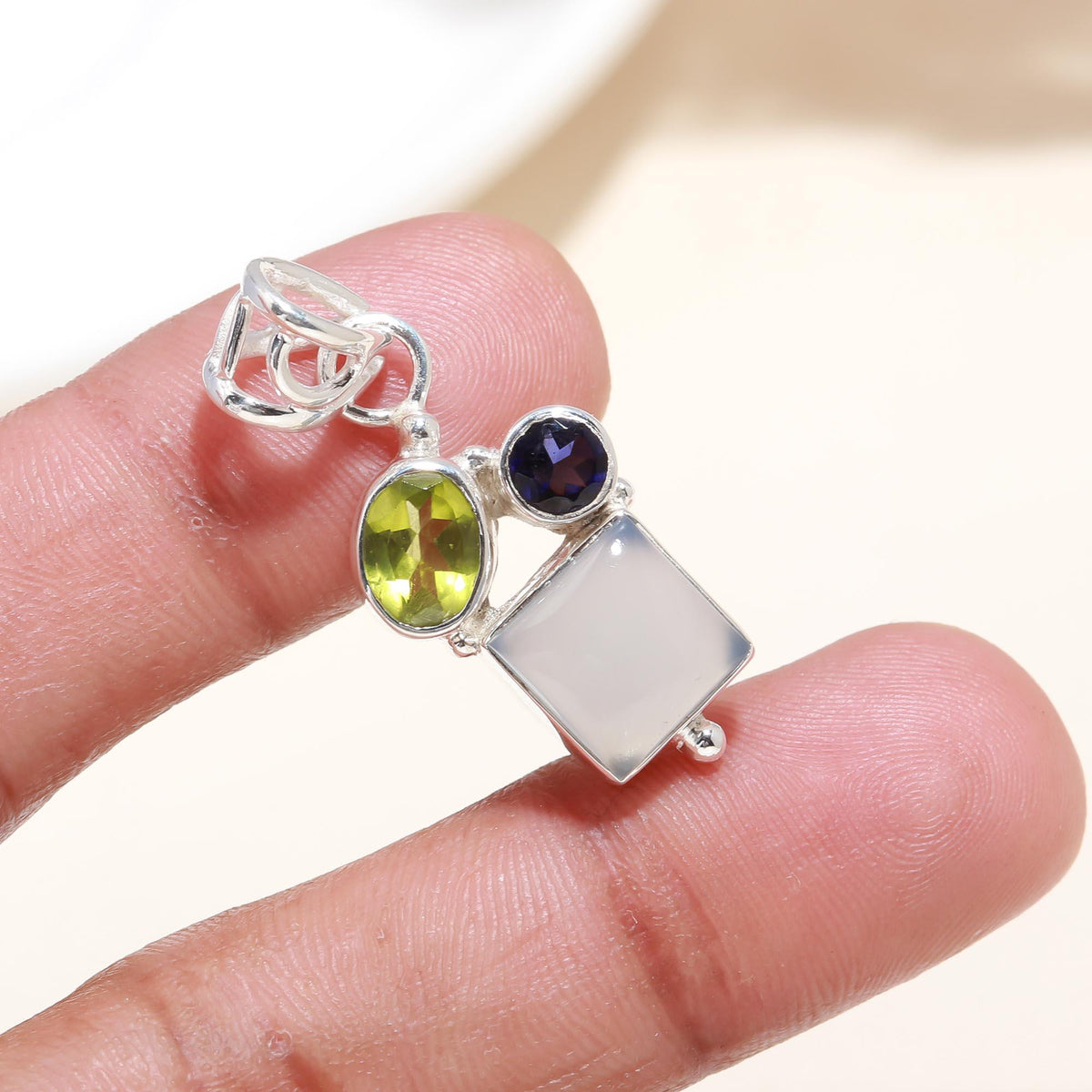 The Elemental Trio: Peridot, Iolite & Moonstone Cluster Pendant