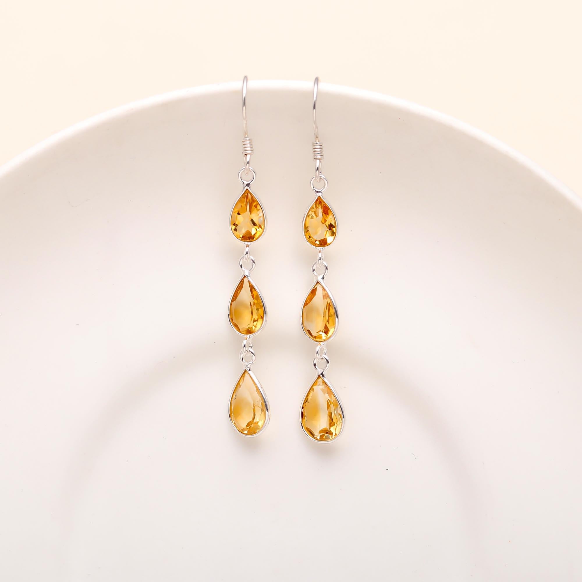 925 Silver Triple Citrine Dangle Earrings