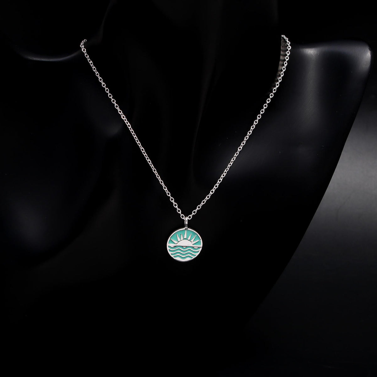The Teal Sunrise: Enamel Ocean Wave & Sun Pendant