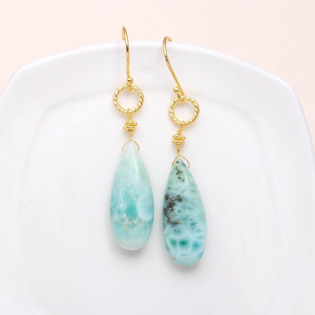 The Caribbean Drop: Larimar & Gold Twisted Hook Earrings