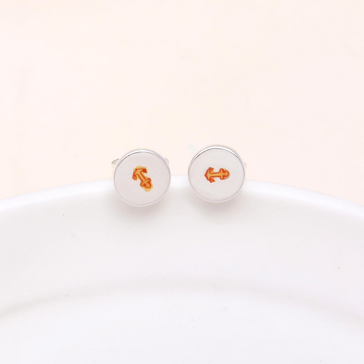 925 Sterling Silver Anchor Enamel Round Stud Earrings