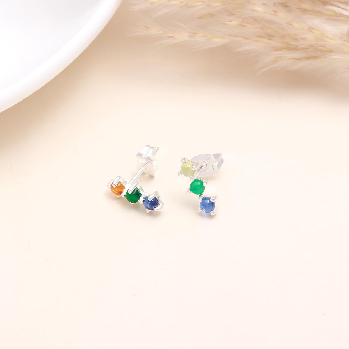 925 Sterling Silver Multicolor Gemstone Stud Earrings