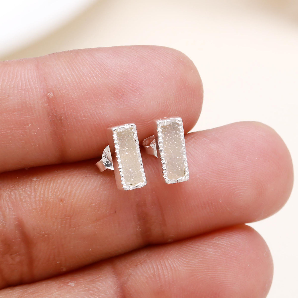 925 Sterling Silver Baguette Drusy Stud Earrings