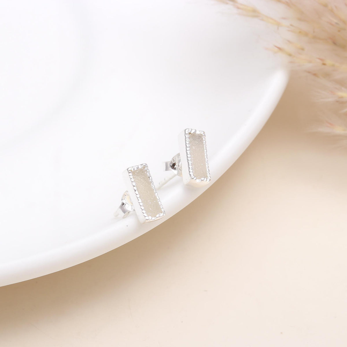 925 Sterling Silver Baguette Drusy Stud Earrings