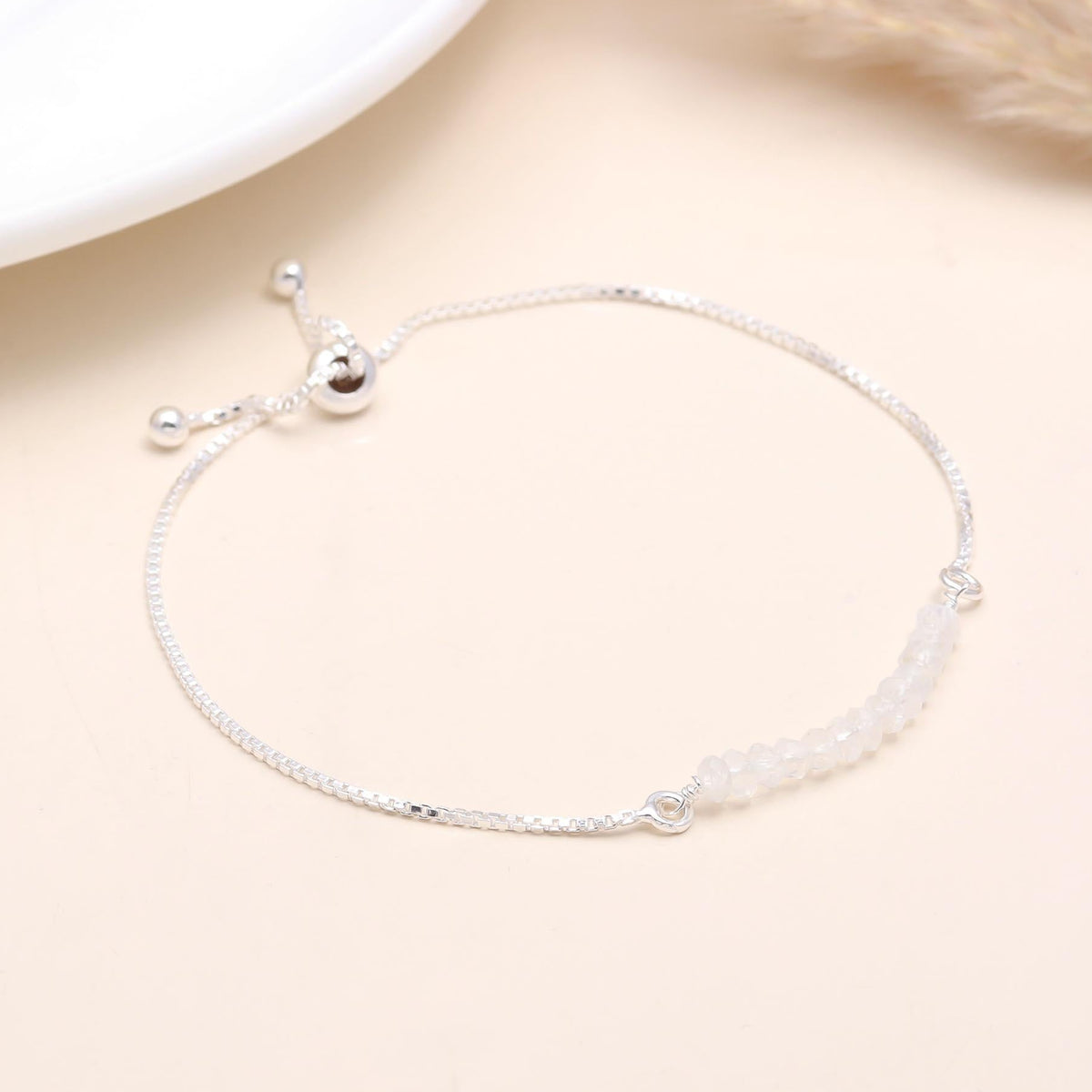 925 Sterling Silver Moonstone Adjustable Beaded Bracelet