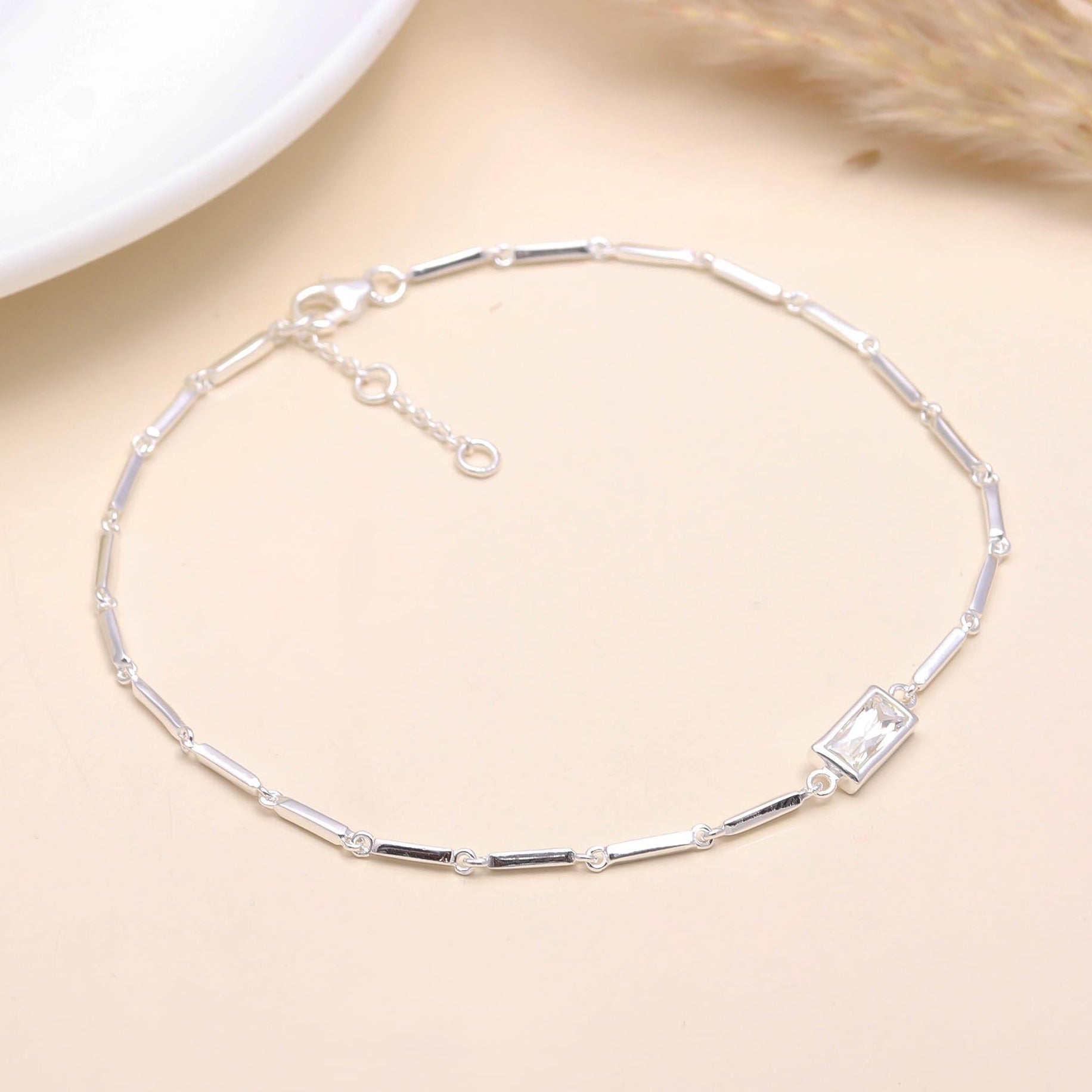 925 Sterling Silver Baguette Stone Bar Link Bracelet