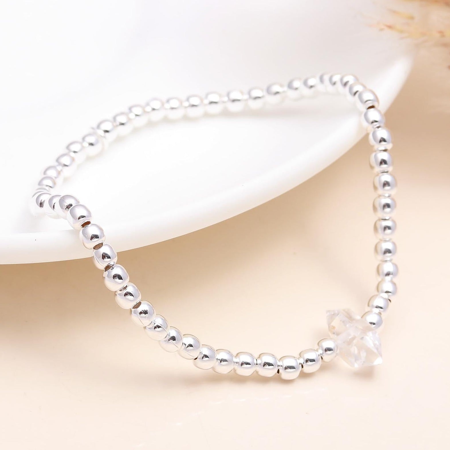 925 Sterling Silver Beaded Stretch Bracelet with Crystal Star