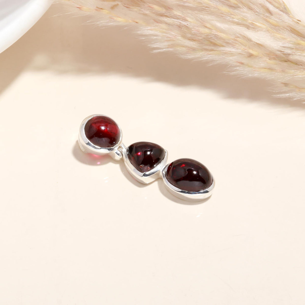925 Sterling Silver Triple Garnet Drop Pendant
