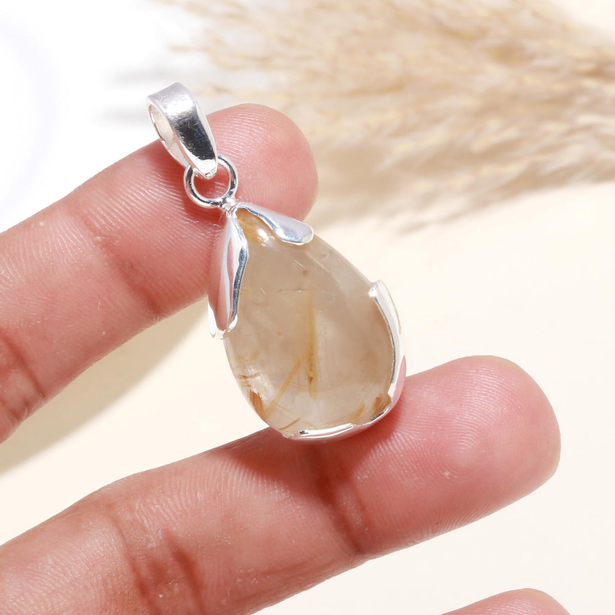 925 Sterling Silver Pear-Shaped Rutilated Quartz Pendant