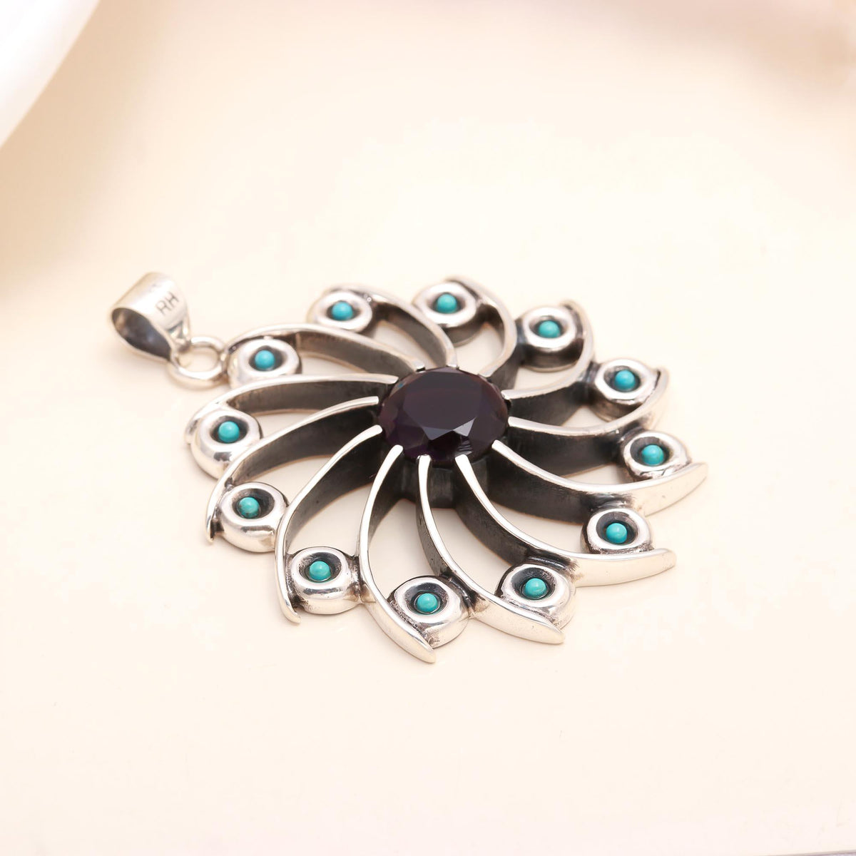 925 Sterling Silver Vintage Garnet & Turquoise Boho Statement Pendant