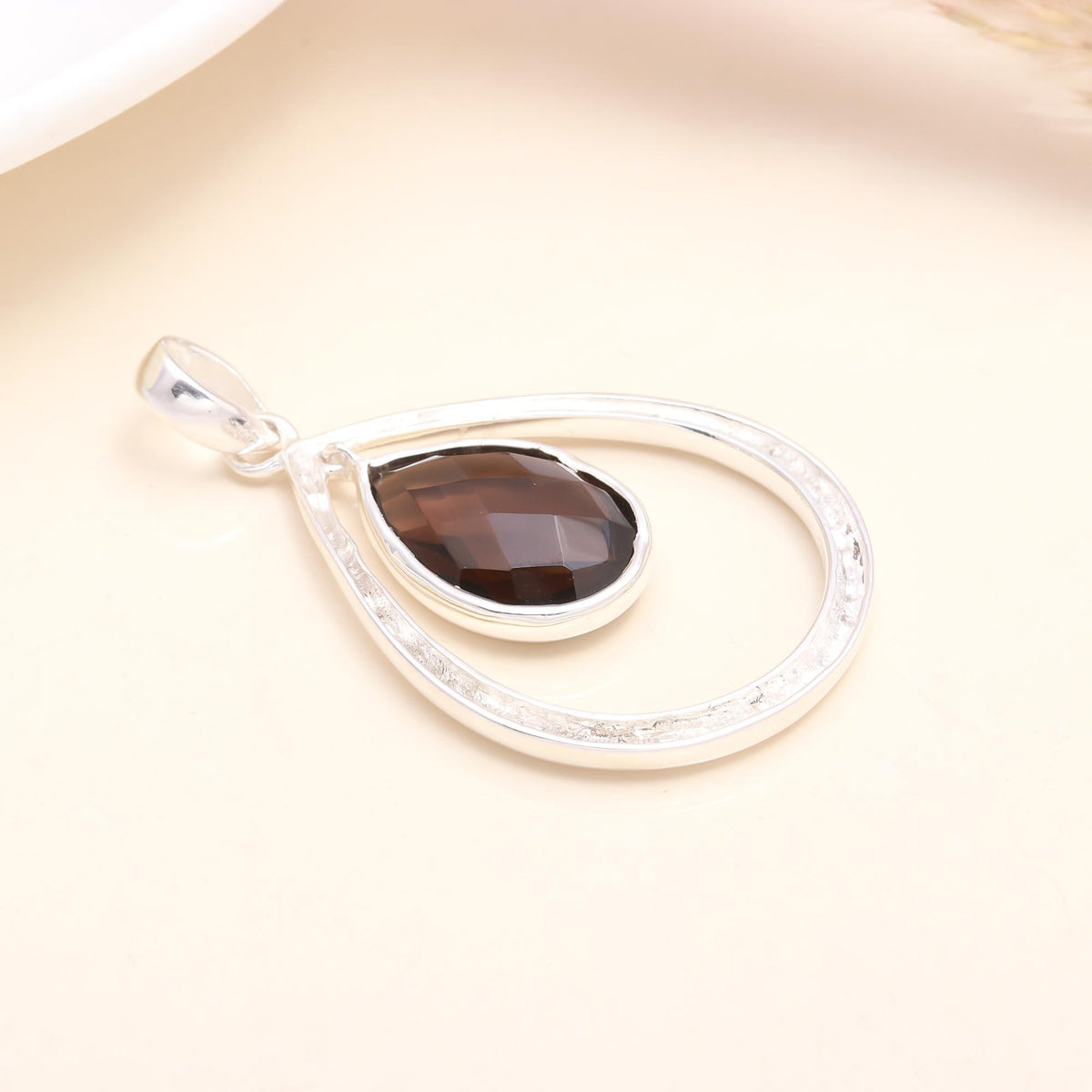 925 Sterling Silver Smoky Quartz Teardrop Hammered Frame Pendant