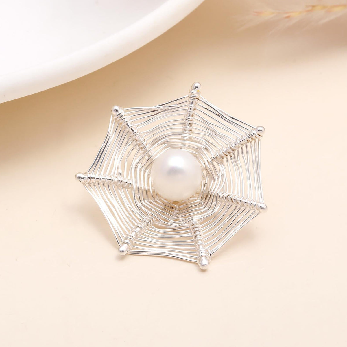 925 Sterling Silver White Pearl Spiderweb Pendant