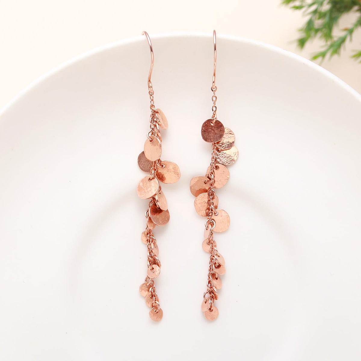 The Rose Cascade: Hammered Disc Fringe Drop Earrings